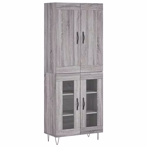 vidaXL Grey Sonoma Highboard with Glass Doors and Internal Shelves, W: 69.5 cm, D: 34 cm, H: 180 cm