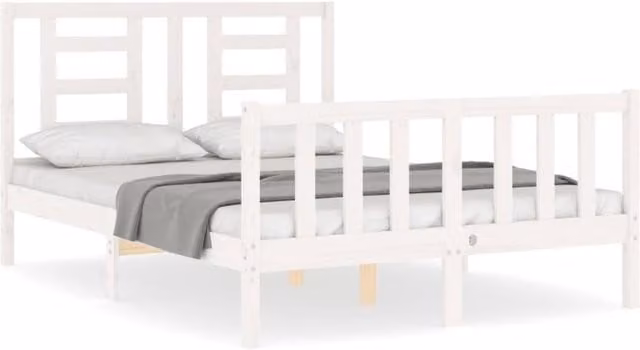 Berkfield Home Solid Wood Bed Frame with Headboard in White, W/D/H: 140 x 200 cm