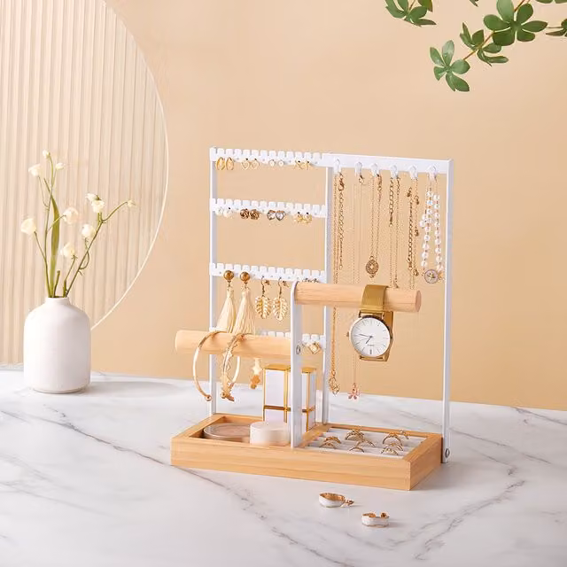 Komore 4-Tier Freestanding Jewellery Display Stand in White Metal and Wood