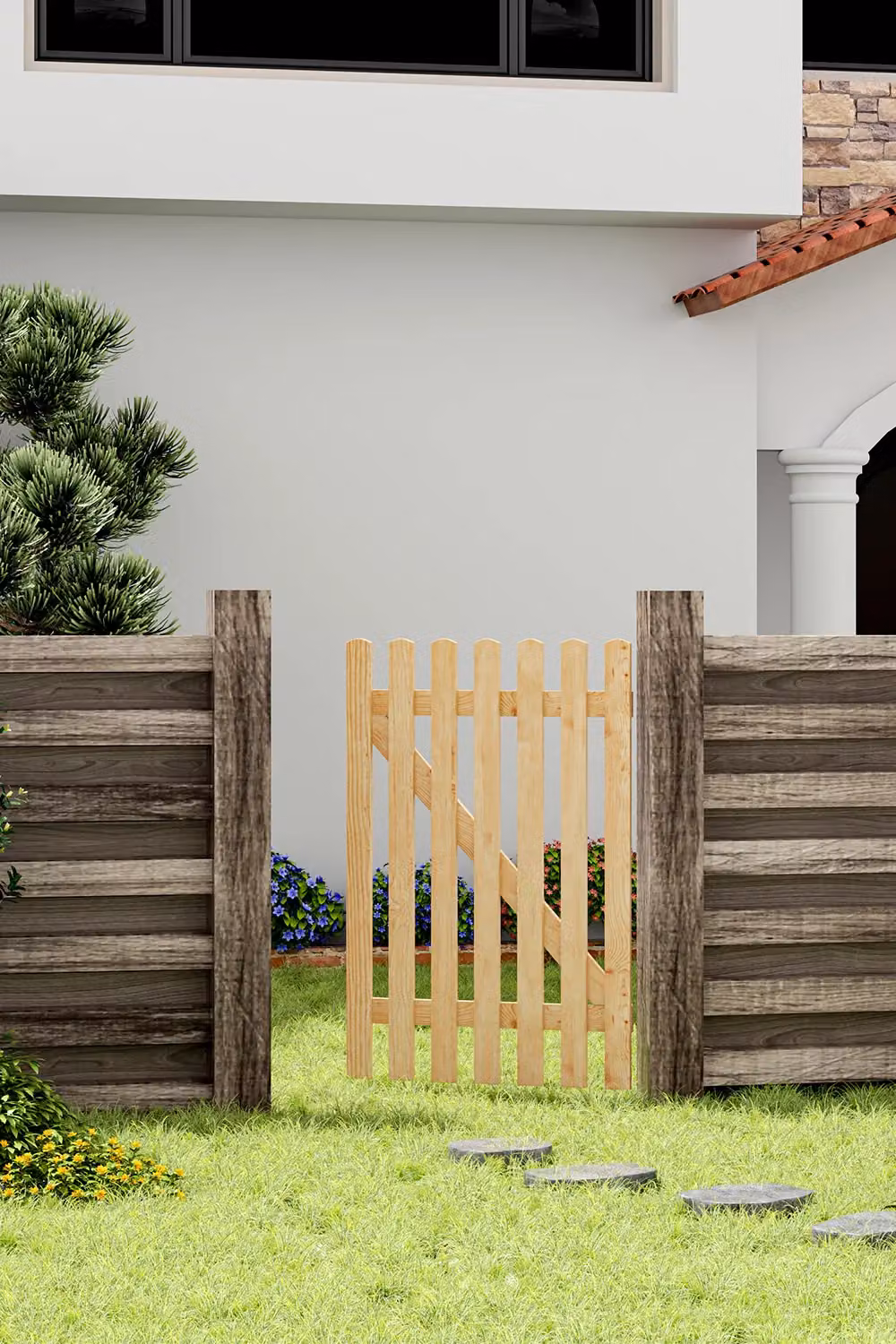 Living and Home Garden Wood Fence Gate with Latch in Brown, W: 120 cm, H: 90 cm – 3