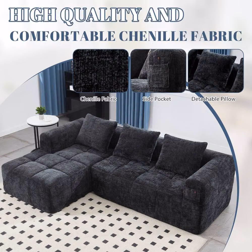 FENCHILIN Modular L-Shaped Sectional Sofa in Black Chenille Fabric with Reversible Design and Removable Covers – 3