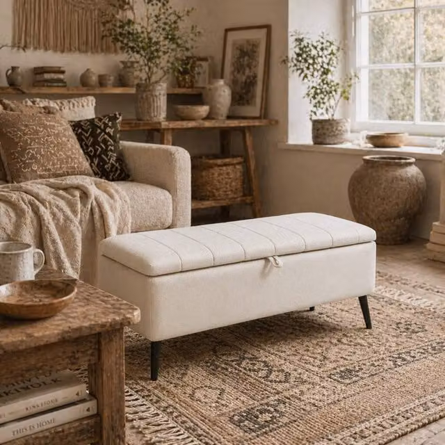 Wyld Haus Zimina Cream Linen Look Storage Ottoman