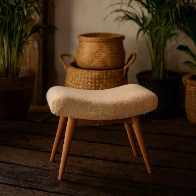Wyld Haus Olbia Curved Bouclé Bench in Beige with Mango Wood Legs – 1