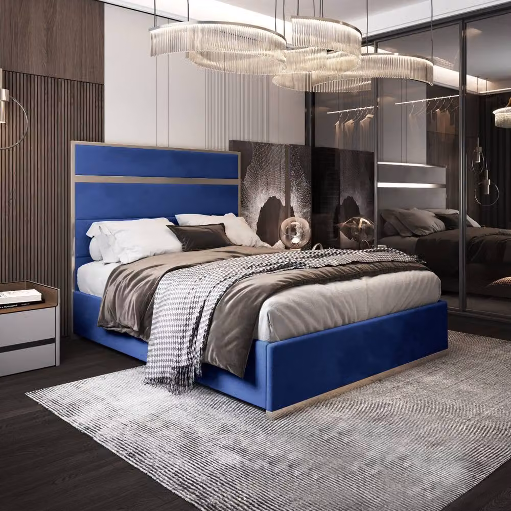 Casani Flookburgh Upholstered Velvet Designer Bed Frame in Blue, W/D/H: 200 x 200 cm – 2