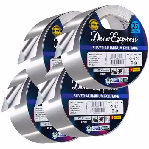 Deco Express Silver Aluminium Foil Insulation Tape, 4.5 cm x 25 m, 4 Pack
