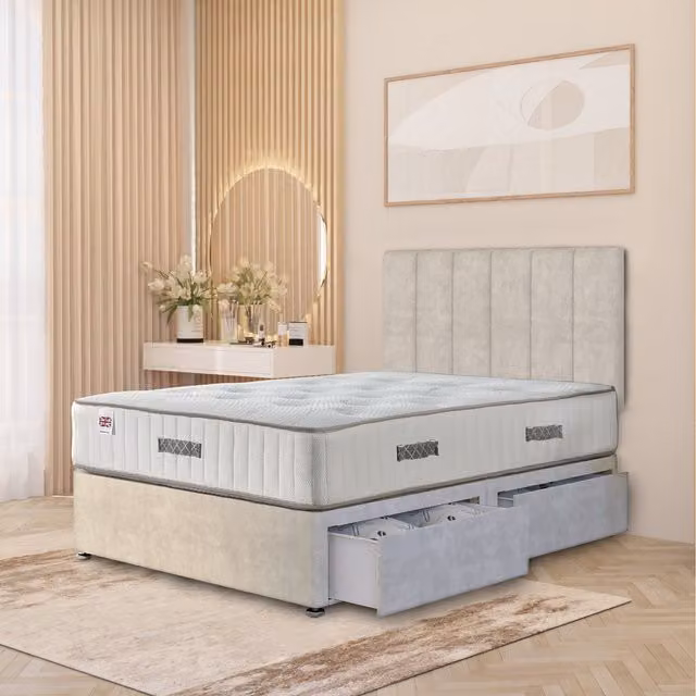 Somnior Beds Ltd Austin Plush Velvet Orthopaedic Divan Bed Set with Hybrid Mattress, Headboard and Drawers, Silver, W/D/H: 180 x 200 cm