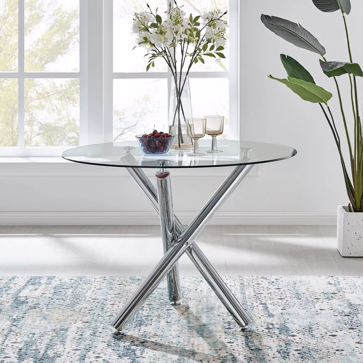 FurnitureboxUK Selina Round Glass Dining Table with Chrome Leg and Pesaro Black Upholstered Chairs with Gold Legs for 2 People – 2
