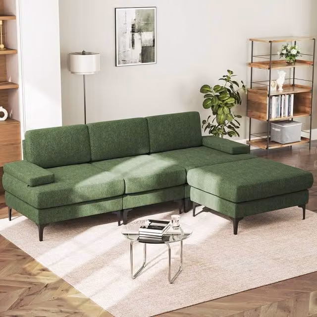 Dprodo 2-Pack Green Chenille L-Shape Corner Sofa Set, 4 Seater Modern Upholstered Couch