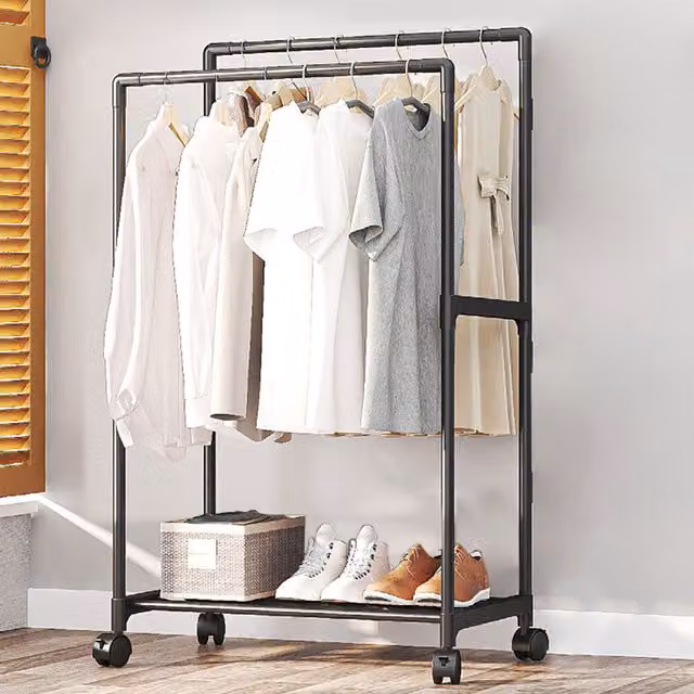 THE HOT SALE Matt Black Metal Double Rod Clothes Rack on Wheels, Width: 115 cm