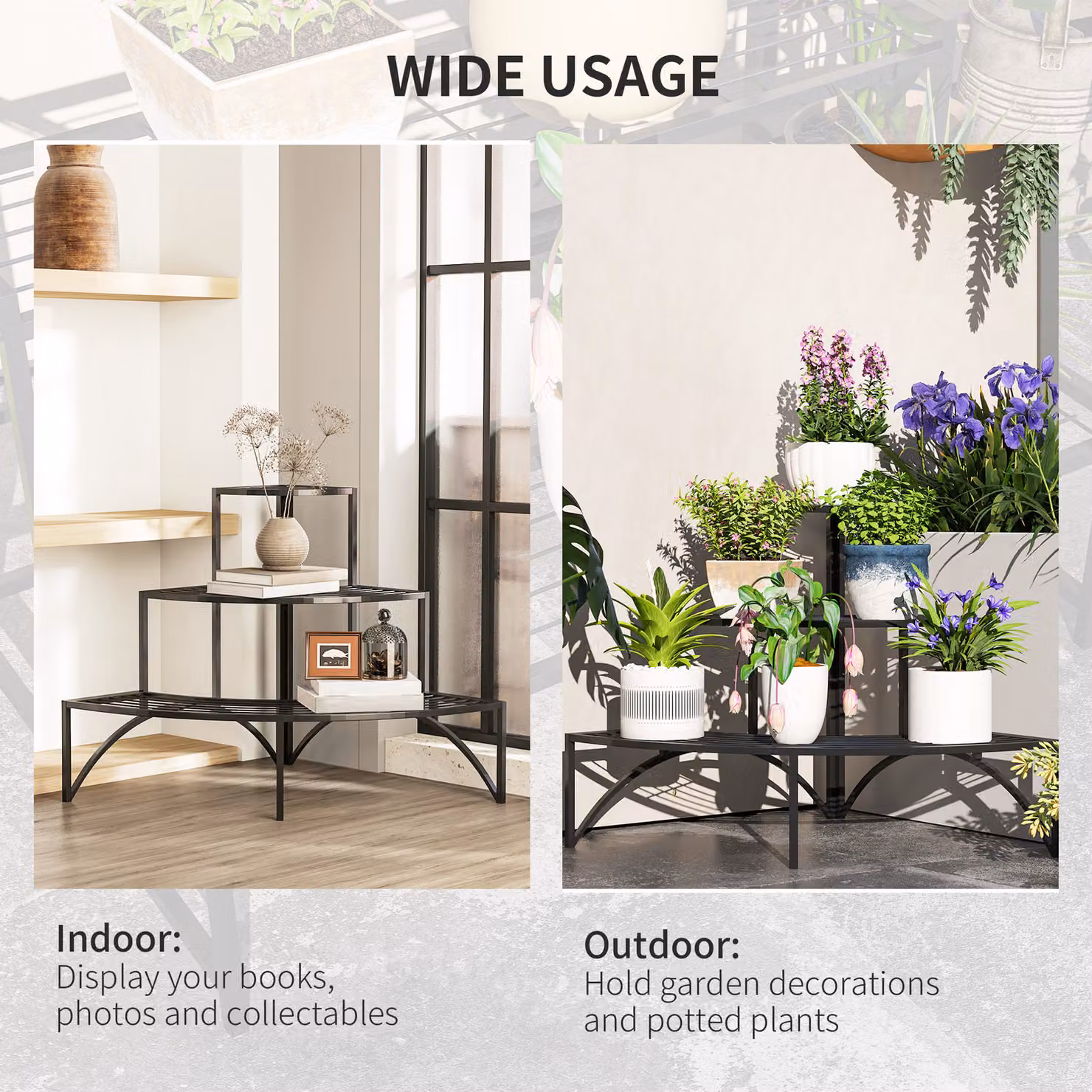 Outsunny 3 Tier Corner Metal Plant Stand, Black Quarter Round Flower Pot Holder for Indoor and Outdoor Use, H 87 x W 60 x D 28 cm – 6