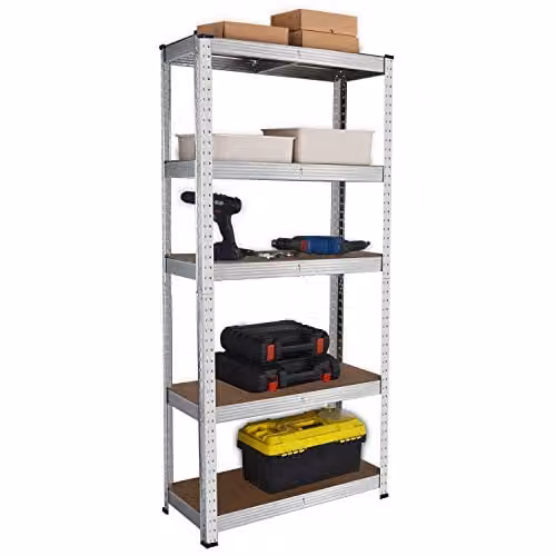Direct Online Houseware 5 Tier Heavy Duty Metal and MDF Garage Shelving Unit, Silver, W/D/H: 70 x 30 x 150 cm – 1
