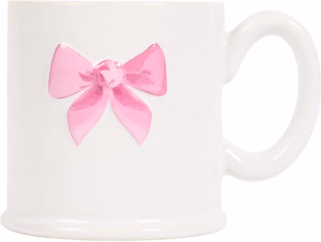 The Old Pottery Company Embossed Bow Tankard Mug in White and Pink