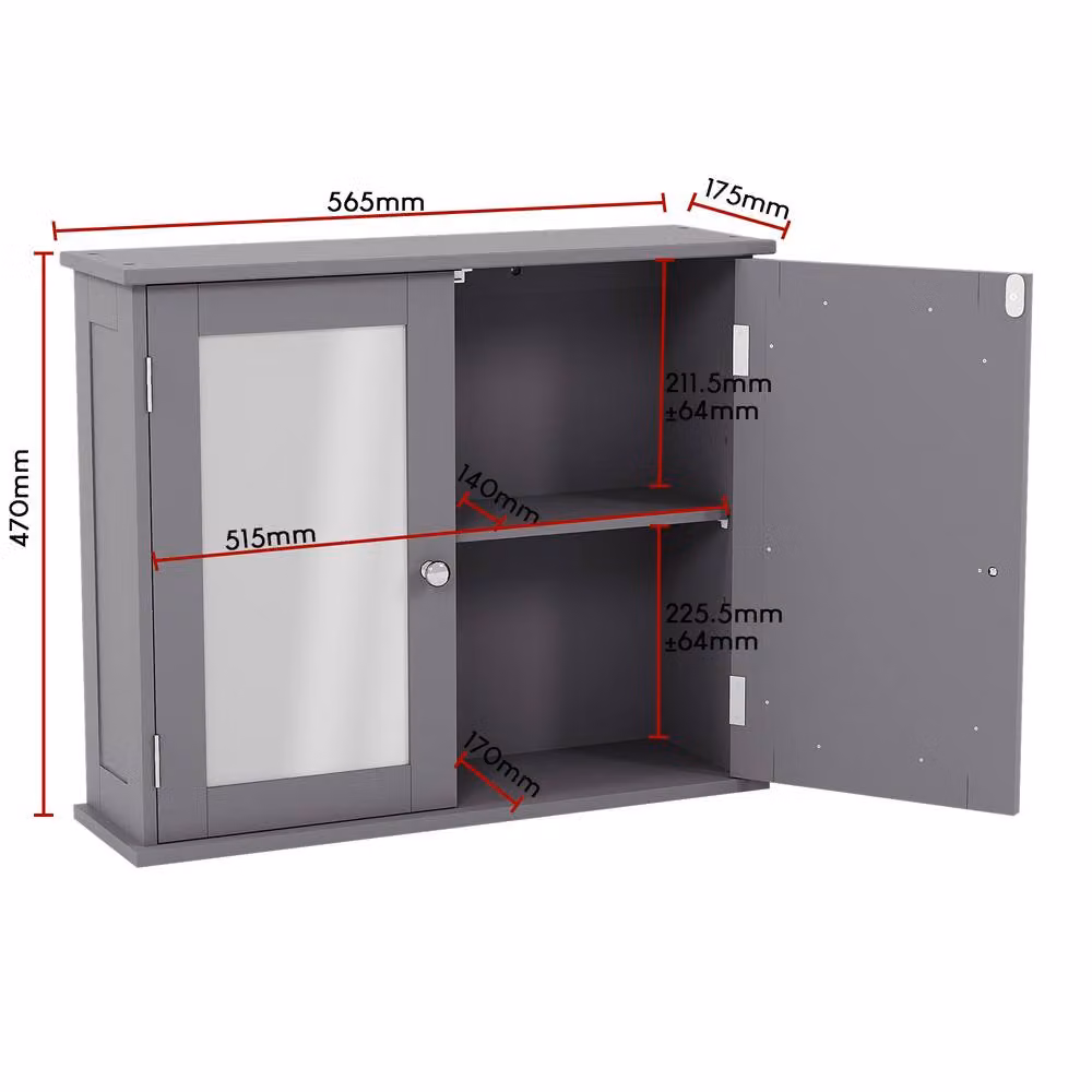 HD Designs Priano 2 Door Mirrored Wall Mounted Cabinet with Internal Shelves in Matt Dark Grey – 2