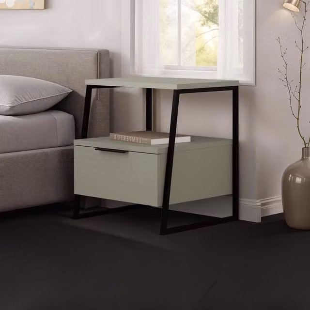 FWStyle Ash Green 1 Door Bedside Table with Black Metal Frame