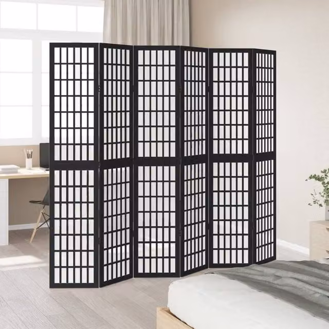 Berkfield Home 6-Panel Room Divider in Black Matt Solid Paulownia Wood, H 215 x W 200 x D 1.6 cm