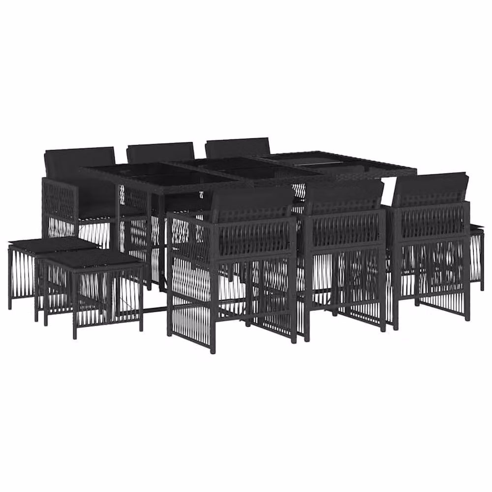 Berkfield Home 11 Piece Black Poly Rattan Garden Dining Set with Cushions and Glass Tabletop – 2