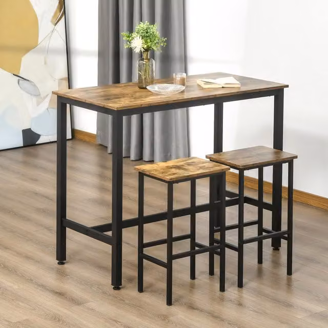 HOMCOM Industrial Bar Table Set with 2 Stools, Brown Rectangular Breakfast Table for Kitchen and Dining Room