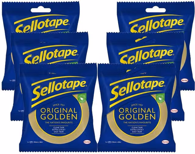 Sellotape Original Golden Strong Sticky Packing Tape, Gold, 6 Pack (Width: 24 mm, Length: 50 m)