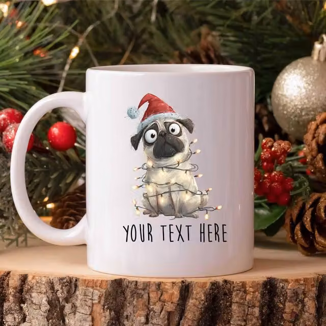 60 SECOND MAKEOVER Personalised Pug Christmas Lights Santa Hat Ceramic Mug in White