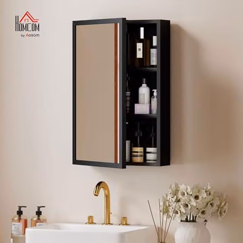 Kleankin Wall Mounted Black Bathroom Cabinet with Mirror and Internal Shelves, W/D/H: 40 x 12 x 60 cm – 2