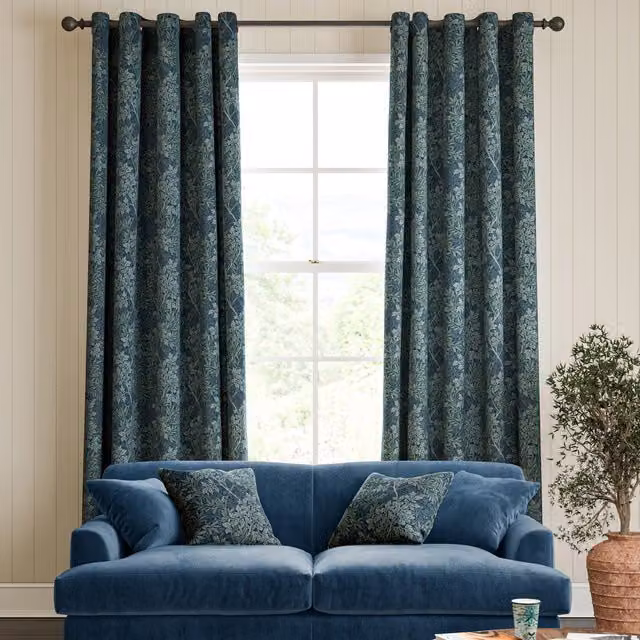 William Morris Foliage Made To Measure Blackout Cotton Eyelet Curtains in Blue