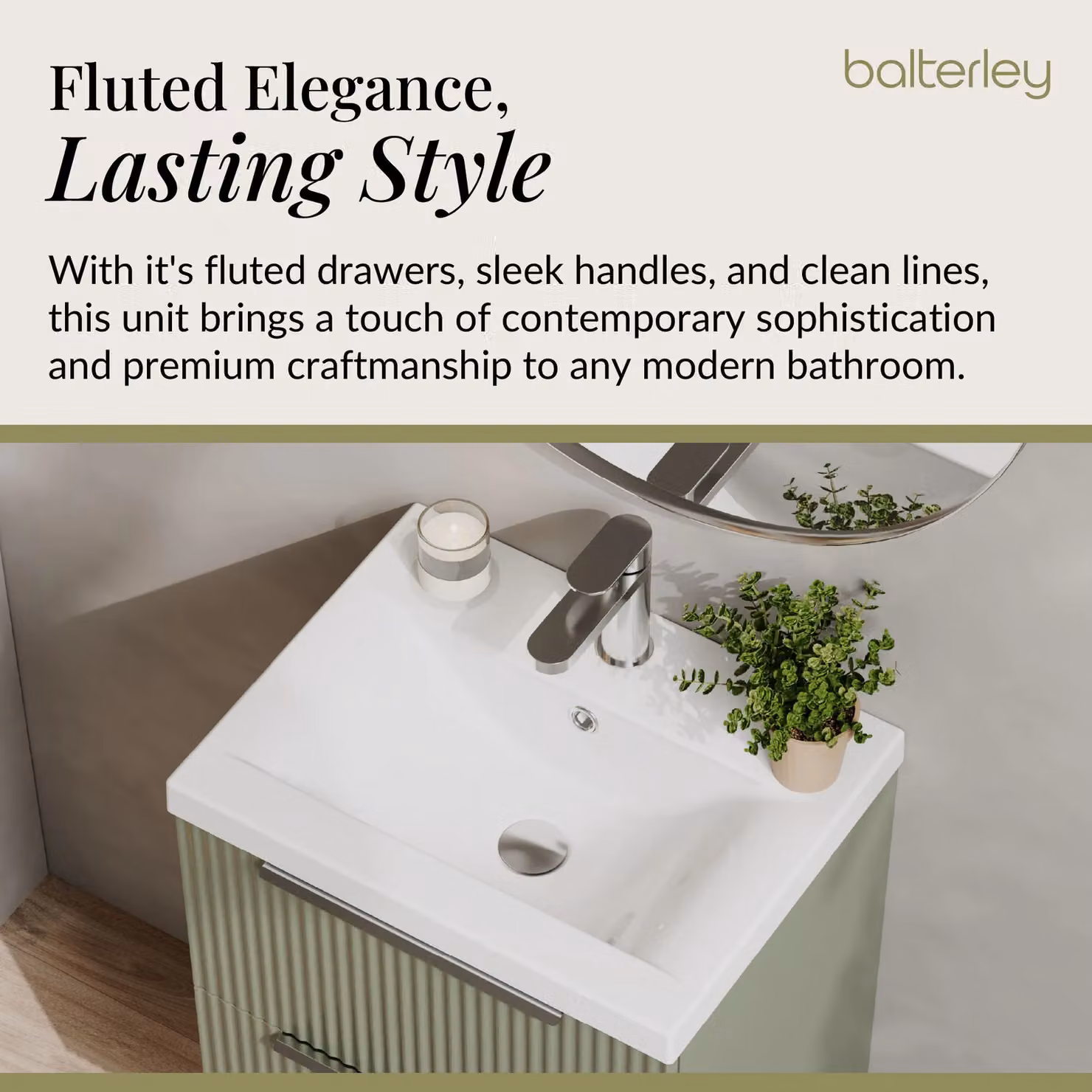 Balterley Fluted Wall Hung 2 Drawer Vanity Basin Unit and Basin, Satin Green, Width: 50 cm – 2
