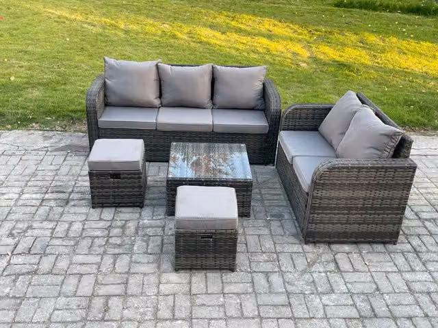 Fimous 7 Seater PE Rattan Garden Furniture Set in Dark Grey with Outdoor Lounge Sofa, Square Coffee Table and 2 Small Footstools