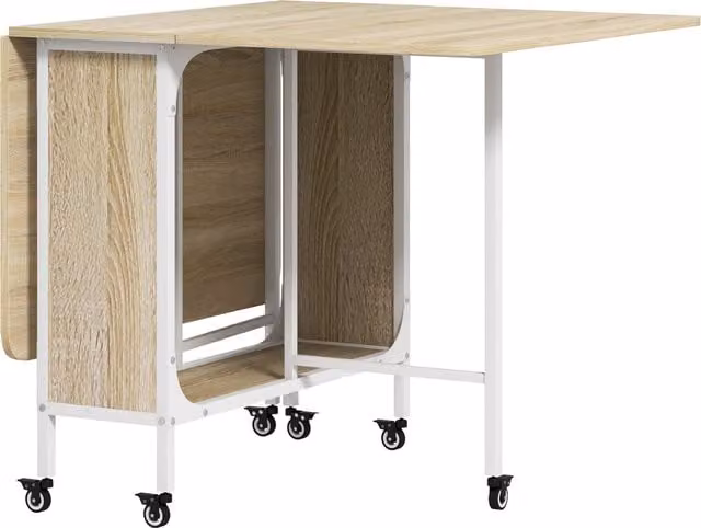 HOMCOM Natural Wood Folding Kitchen Dining Table with Drop Leaf, Storage Shelf and Castors