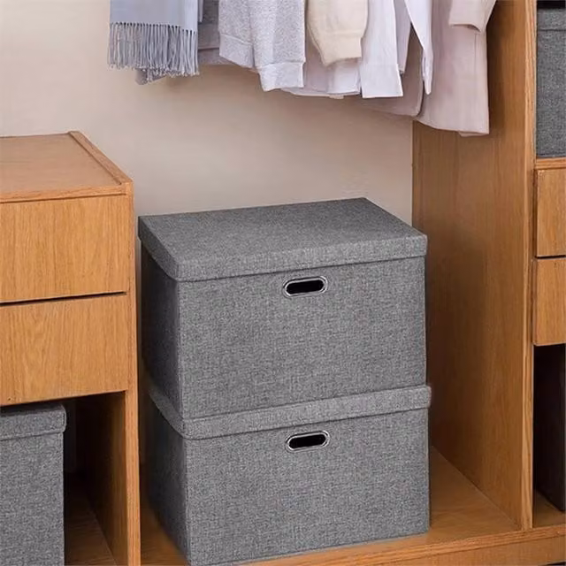 SPETLEK 3x Foldable Fabric Storage Boxes with Lid and Handles in Grey, W: 45 cm, D: 30 cm, H: 30 cm