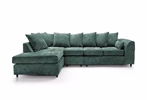Abakus Direct Harriet Left Facing U-Shaped Corner Sofa in Green Crushed Chenille Velvet with Matching Ottoman and Scatter Cushions