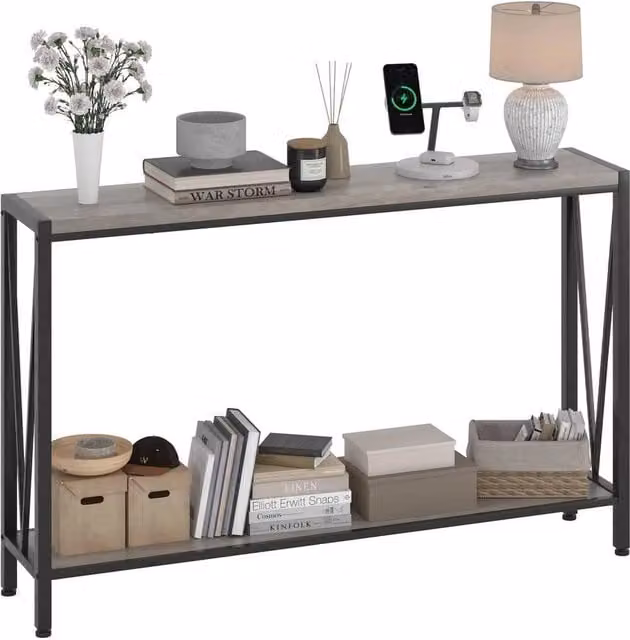 KORVIXA Grey 2-Tier Narrow Console Sofa Side Table
