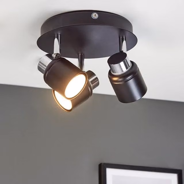 ValueLights MiniSun 3 Way Round Plate Ceiling Spotlight in Black and Polished Chrome with Warm White LED Bulb, IP44 Rated for Bathroom Use