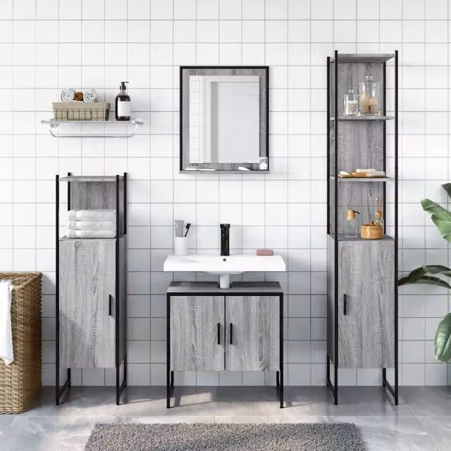 Berkfield Home 4 Piece Grey Bathroom Cabinet Set including Vanity Unit, Tall Cabinet, Side Cabinet and Mirror Cabinet