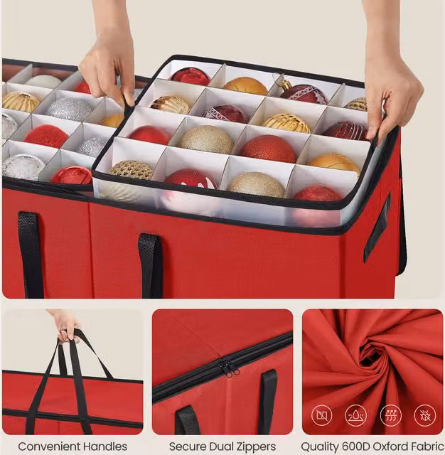 SONGMICS Red Christmas Decoration Storage Box with Lid, Handles and Label Holder
