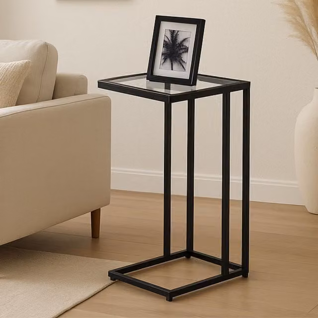 Storvo Black C Shape Metal and Tempered Glass Side Table W/D/H: 62 x 30 x 30 cm – 1