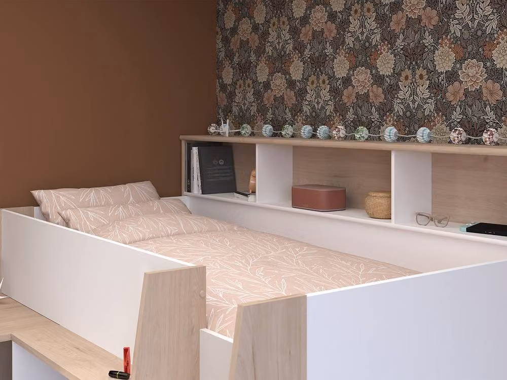 Vente-unique Scandinavian Single Combined Bed with Desk, Storage and Stairs in White – 3