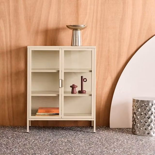 sweeek Industrial Steel and Tempered Glass Display Cabinet with 2 Doors in Beige