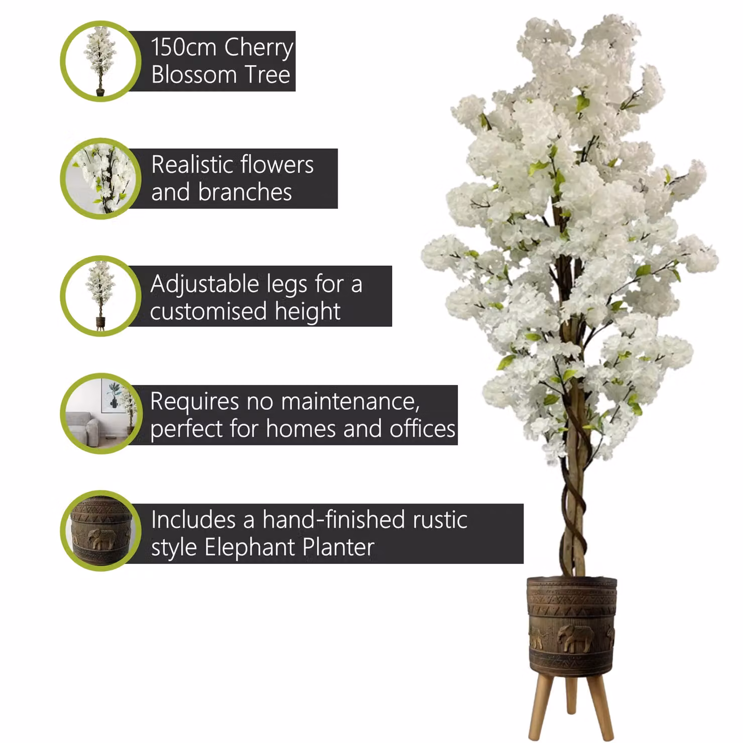 Pegdev 150cm Artificial White Cherry Blossom Tree with Elephant Planter – 2