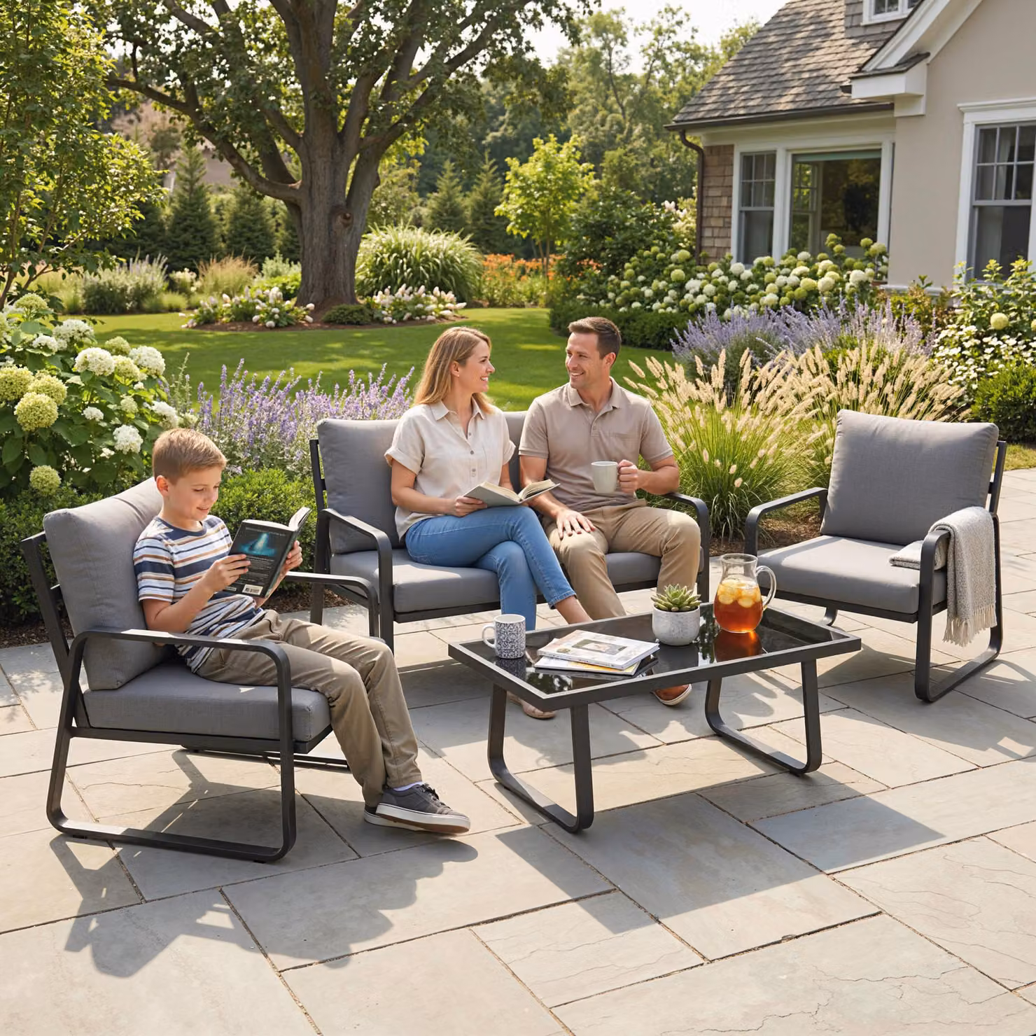 Outsunny 4 Piece Grey Garden Furniture Set with Upholstered 2 Seater Sofa, 2 Armchairs, Glass Top Coffee Table and Cushions – 6