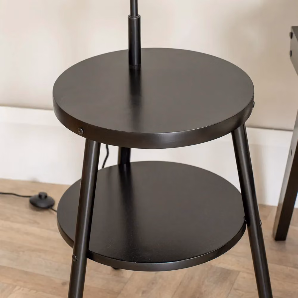 ValueLights Crowther Black Wooden Tripod Floor Lamp with Shelved Side Table and Fabric Shade, H 167 x W 43 x D 43 cm – 2