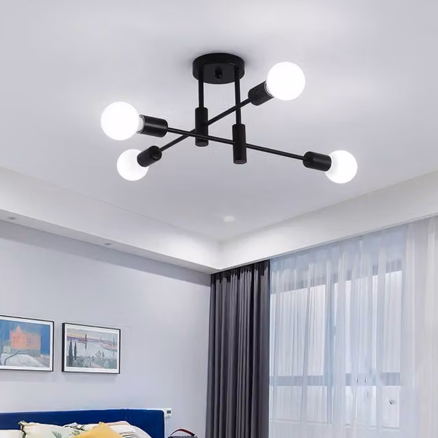 NIVOR Modern 4 Light Industrial Metal Sputnik Ceiling Chandelier in Black with E27 Bulbs – 1