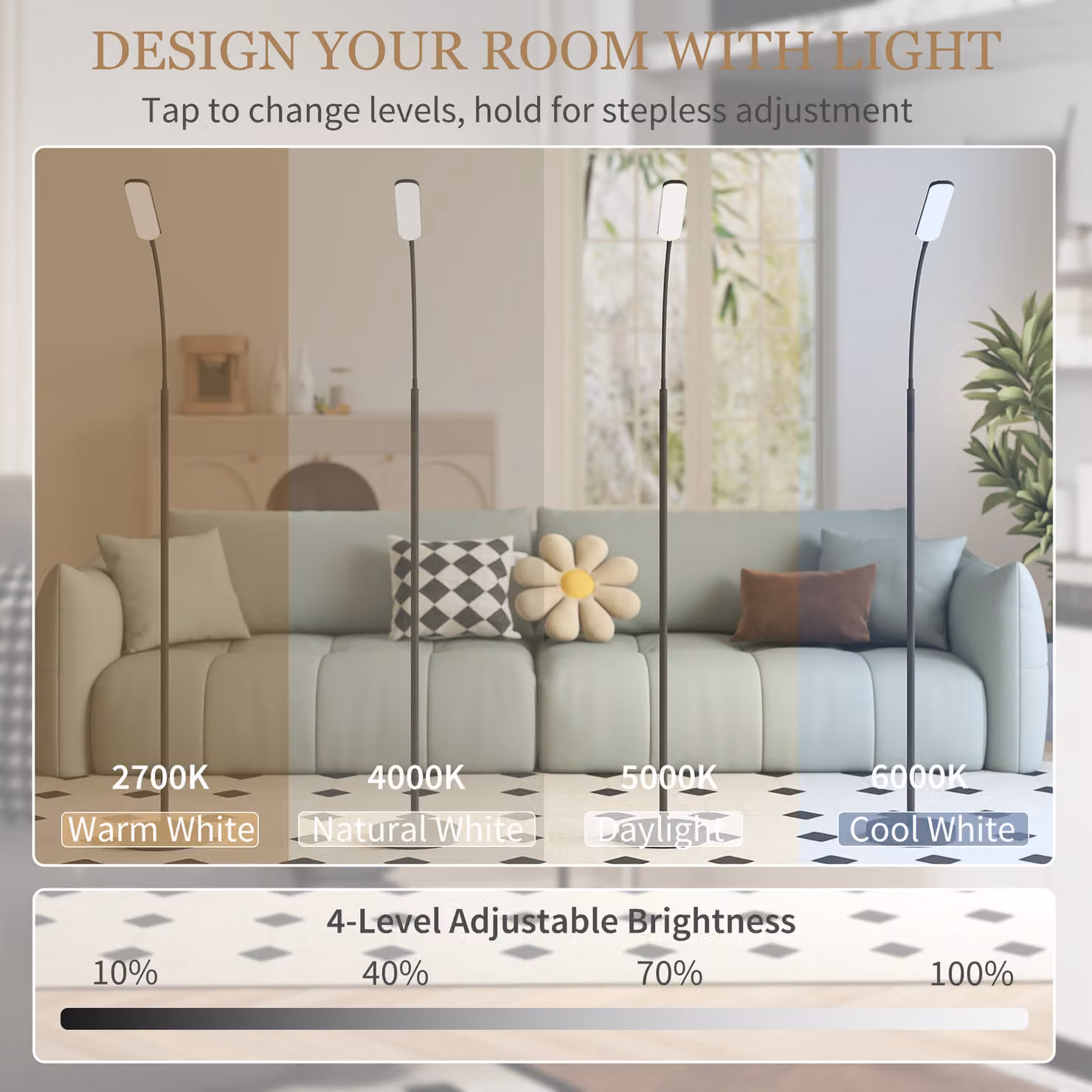 HOMCOM LED Floor Lamp in Black with Remote and Touch Control, Dimmable Stepless Brightness and Colour Temperature, 360° Adjustable Gooseneck and Timer, H 175 x W 21.5 x D 21.5 cm – 4