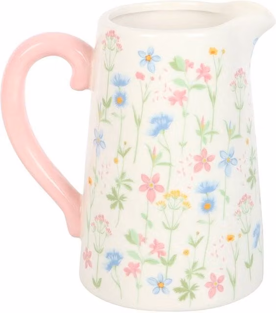 Kingsbury Gifts Ceramic Floral Print Flower Jug Vase in Pink, White and Multicolour, Height: 17 cm