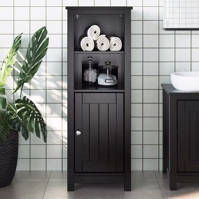 Berkfield Home BERG Black Wall Mounted Bathroom Cabinet in Solid Pine Wood, W/D/H: 40 x 34 x 110 cm