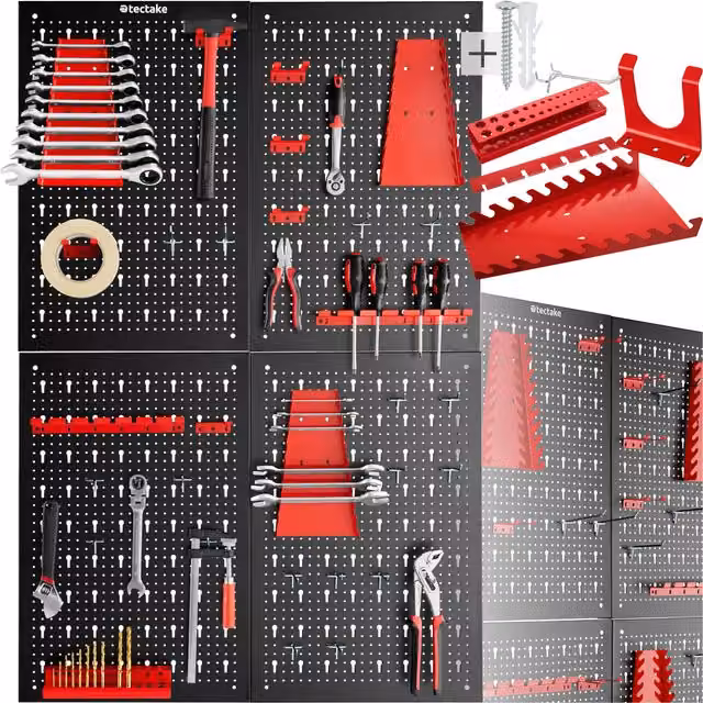 tectake Jonah Tool Pegboard with Hooks and Holders, Steel, Black/Red, Width: 160 cm