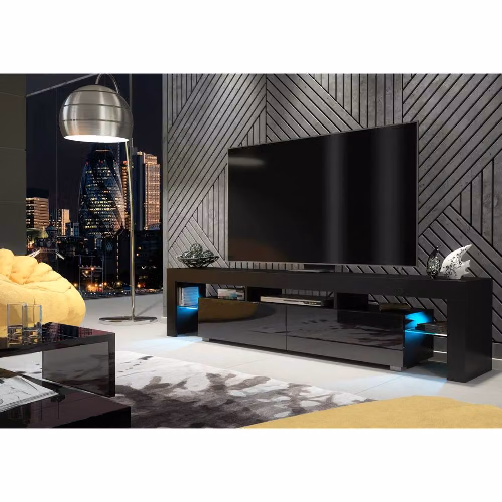 Mex Furniture LTD Nova TV Unit in Black with Glossy Doors and LED Lights, W: 200 cm, H: 45 cm, D: 35 cm – 2