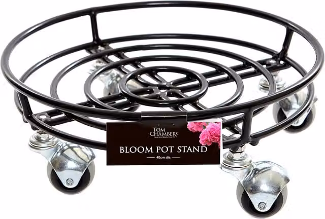 Samuel Alexander Black Metal Garden Plant Pot Trolley on Castor Wheels, Diameter: 32 cm