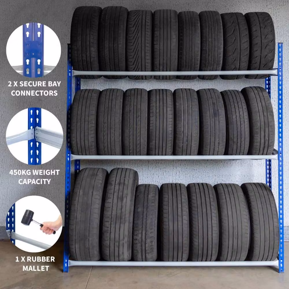 Monstershop T-Rax Freestanding Metal Tyre Racking Bay in Blue and Grey with Adjustable Shelves – 2