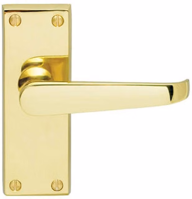 Loops Straight Victorian Lever on Rectangular Latch Backplate Door Handle in Polished Brass