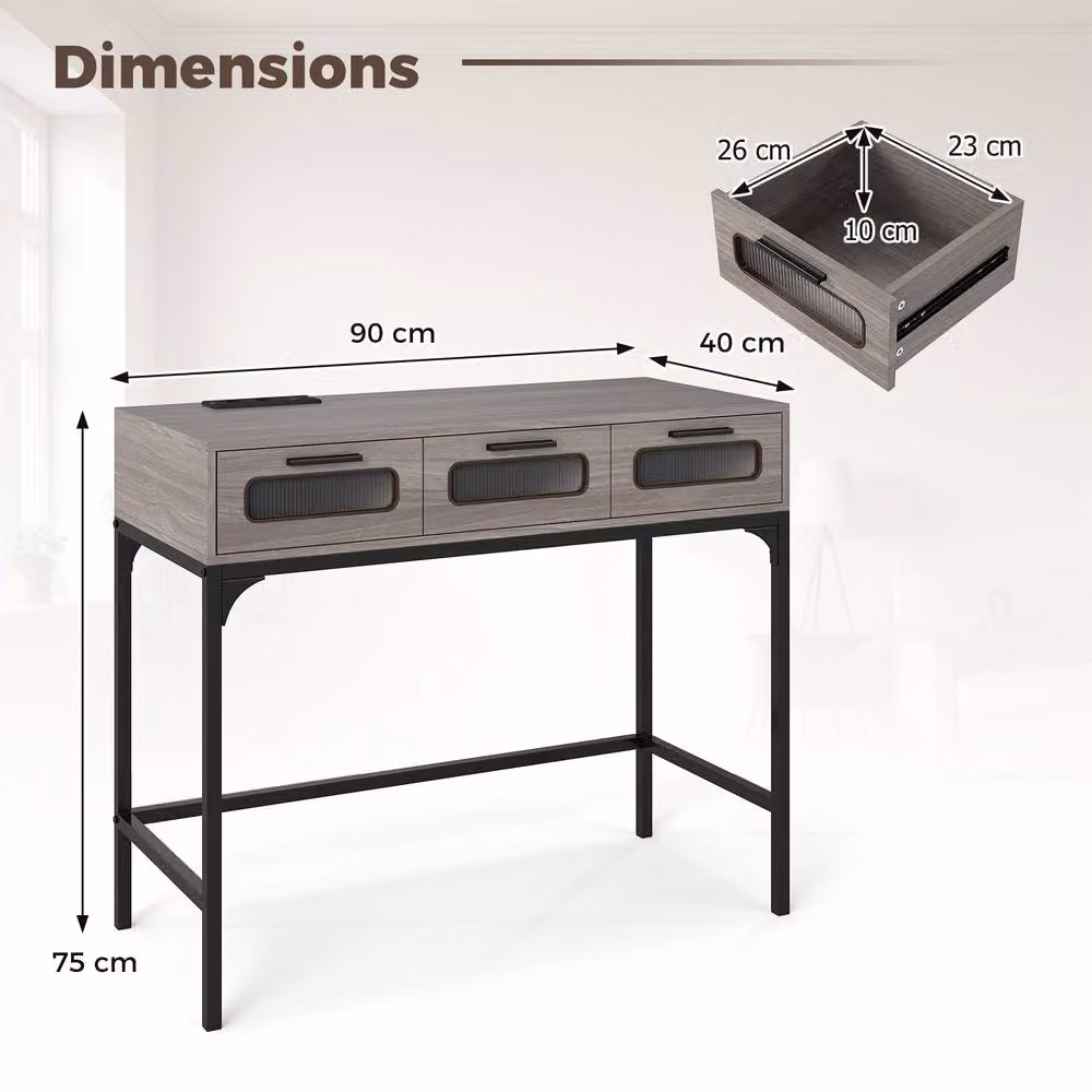 Gymax Grey Modern Metal Console Table with LED Lights, Outlets and USB Ports, W: 90 cm, H: 75 cm – 2